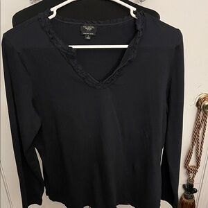 Talbots Navy Long Sleeve V-Neck Top with Ruffle Trim